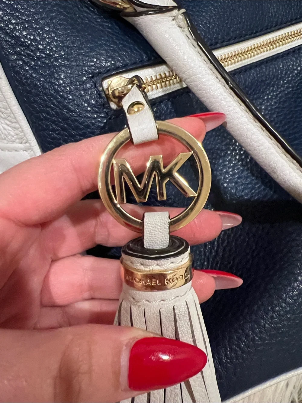 Michael Kors Navy and White Dome Satchel with Tassel Charm